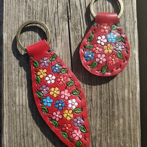 Flowers Leather Key Ring Tooled and Stamped Leather Whimsical Leather Hand Painted Leather Leather Key Fob Christmas Gift Gifts for Her Mom image 2