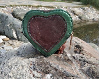 Handmade Heart Leather Coin Purse: Green & Brown Small Pouch
