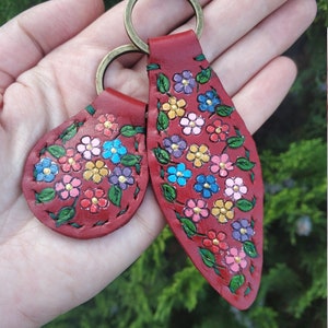 Flowers Leather Key Ring Tooled and Stamped Leather Whimsical Leather Hand Painted Leather Leather Key Fob Christmas Gift Gifts for Her Mom image 9