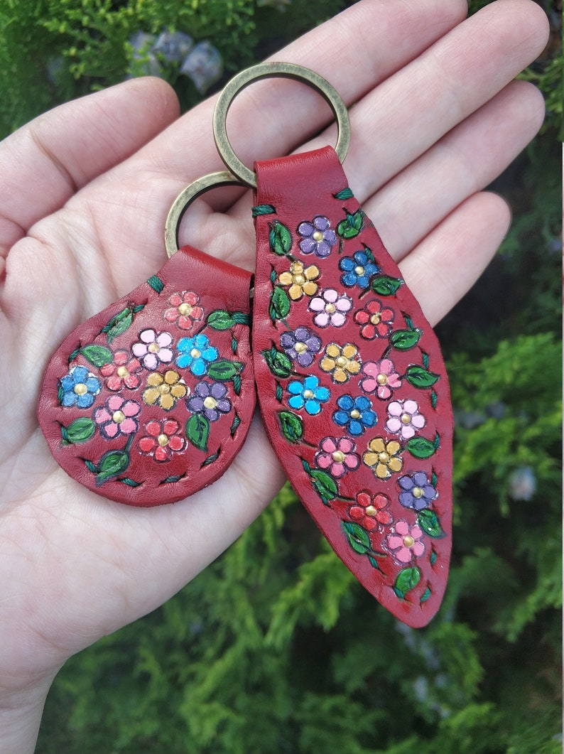 Flowers Leather Key Ring Tooled and Stamped Leather Whimsical Leather Hand Painted Leather Leather Key Fob Christmas Gift Gifts for Her Mom image 9
