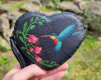 Humming Bird Leather Purse Heart Leather Coin Purse Gift for Humming Bird Lover Unique Hand painted Leather Purse Gift for Mom Sister Friend