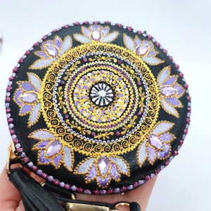 Round Mandala Leather Coin Wallet, Hand Stitched Headphones Holder, Leather Pill Pouch Leather Headphones Pouch Pill Case Round Zipper Pouch image 4