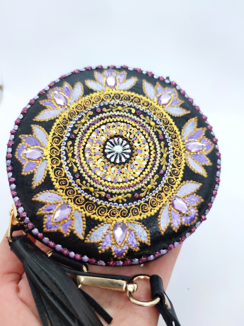 Round Mandala Leather Coin Wallet, Hand Stitched Headphones Holder, Leather Pill Pouch Leather Headphones Pouch Pill Case Round Zipper Pouch image 4