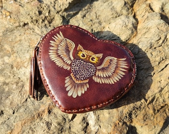 Owl Coin Purse Heart-shaped Leather Wallet Leather Coin Purse Brown Leather Bird Bag Hand-painted Coin Purse Christmas Gifts for Her, Sister