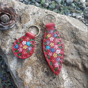 Flowers Leather Key Ring Tooled and Stamped Leather Whimsical Leather Hand Painted Leather Leather Key Fob Christmas Gift Gifts for Her Mom image 3