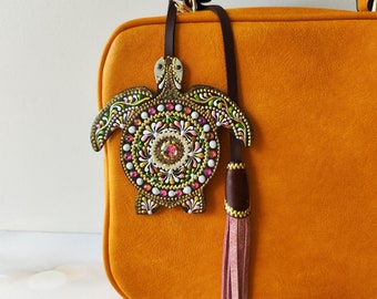 Handmade Leather Sea Turtle Bag Charm: Ocean Animal Purse Accessory