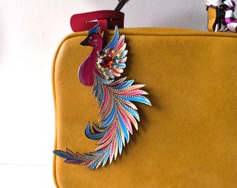 Handmade Leather Phoenix Purse Charm: Colorful Fantasy Bird