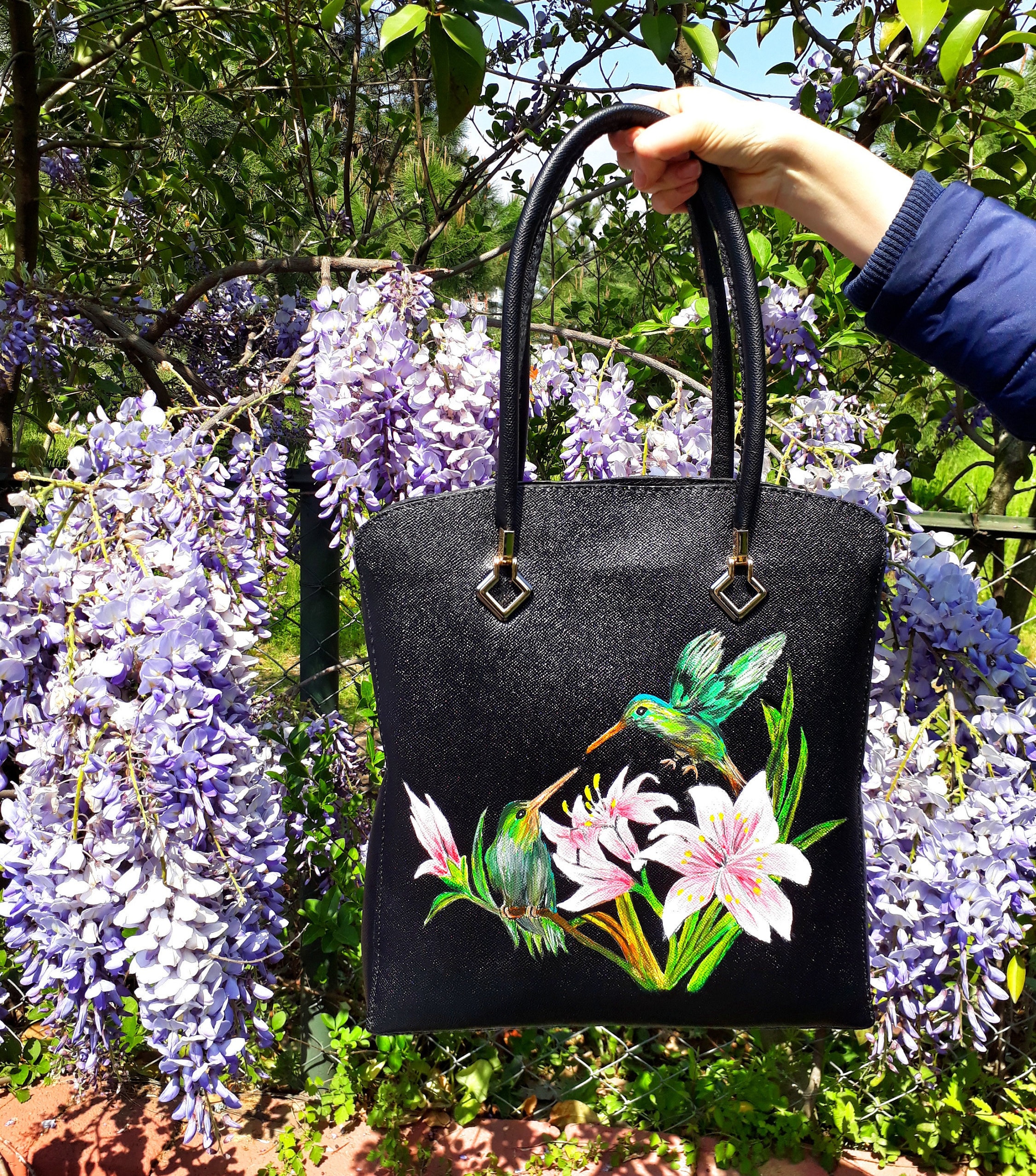 Painted Leather Bag, Unique Leather Purse, Humming Bird Handbag, Art Bag, Leather Hand-Painted, Flowers Bag, Artistic Handbag