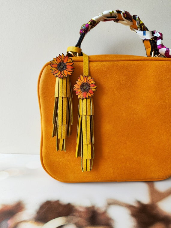 Leather Sunflower Bag Charm: Yellow Tassel Purse Decor