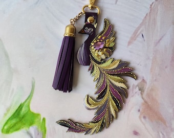 Phoenix Leather Bag Charm, Dainty Bird Purse Charm, Purple Leather Bag Charm, Christmas Gift for Her, Fiery Phoenix Feather