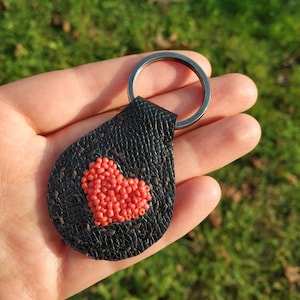 Hand-Beaded Heart Leather Keychain Charm or Keychain Gift for Girlfriend Wife 40th Anniversary Present Hearts for Her Unique Leather Gifts image 1