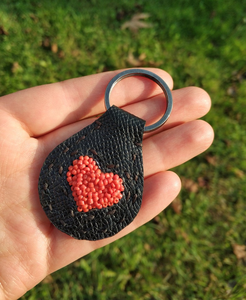 Hand-Beaded Heart Leather Keychain Charm or Keychain Gift for Girlfriend Wife 40th Anniversary Present Hearts for Her Unique Leather Gifts image 1