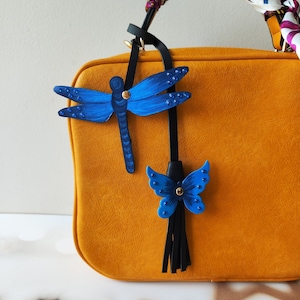Hand-Painted Leather Bag Charm: Blue Dragonfly & Butterfly Tassel