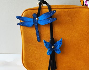 Hand-Painted Leather Bag Charm: Blue Dragonfly & Butterfly Tassel