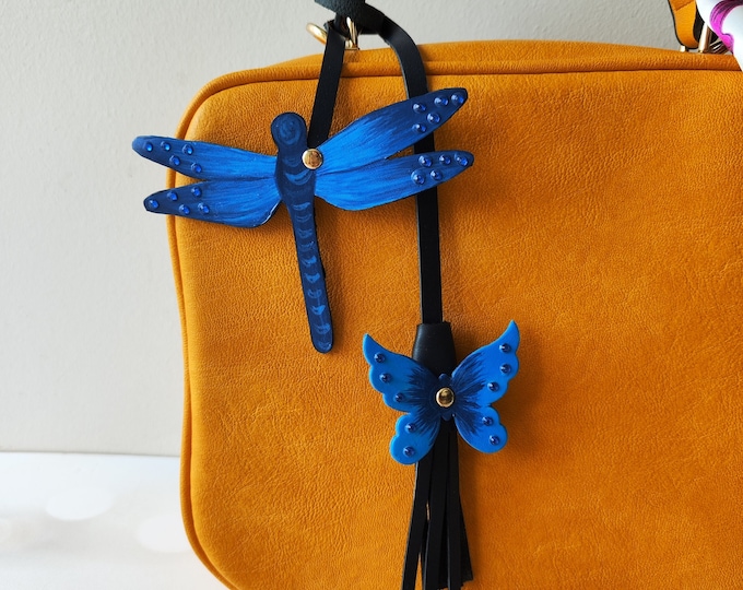 Hand-Painted Leather Bag Charm: Blue Dragonfly & Butterfly Tassel