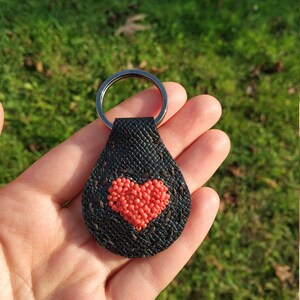 Hand-Beaded Heart Leather Keychain Charm or Keychain Gift for Girlfriend Wife 40th Anniversary Present Hearts for Her Unique Leather Gifts image 2
