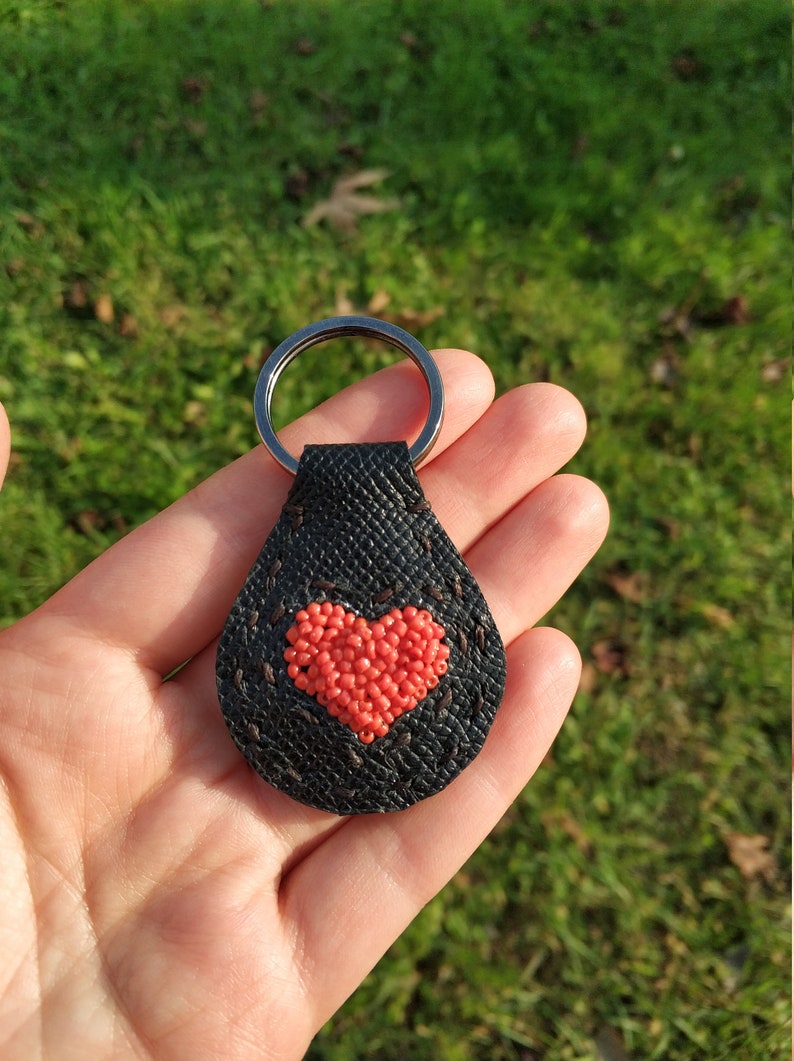 Hand-Beaded Heart Leather Keychain Charm or Keychain Gift for Girlfriend Wife 40th Anniversary Present Hearts for Her Unique Leather Gifts image 2