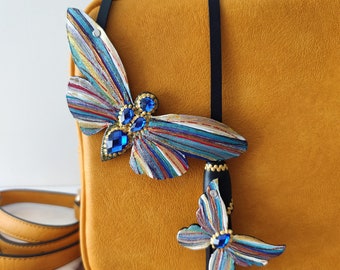 Leather Butterfly Bag Charm, Butterfly Purse Charm, Christmas Gift Bag Charm, Leather Butterflies Ornament, Key Chain Christmas Gift for Her