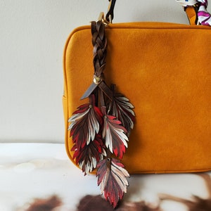 Dije de hojas para bolso, dije de cuero genuino, dije bohemio para bolso, dije con flecos, hojas de roble, dije para bolso de otoño, regalo para mujer, marrón