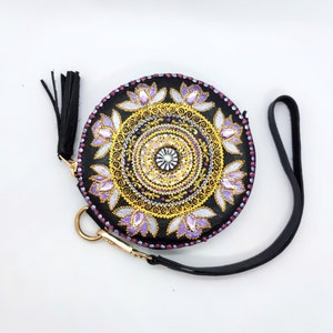 Round Mandala Leather Coin Wallet, Hand Stitched Headphones Holder, Leather Pill Pouch Leather Headphones Pouch Pill Case Round Zipper Pouch image 2