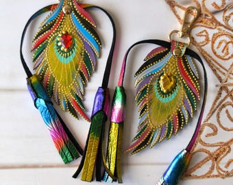 Handmade Leather Peacock Feather Charm: Colorful Bag Charm Keychain