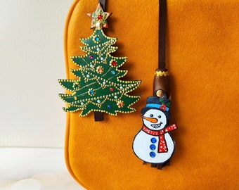 Hand-Painted Leather Christmas Bag Charm: Snowman & Tree Ornament
