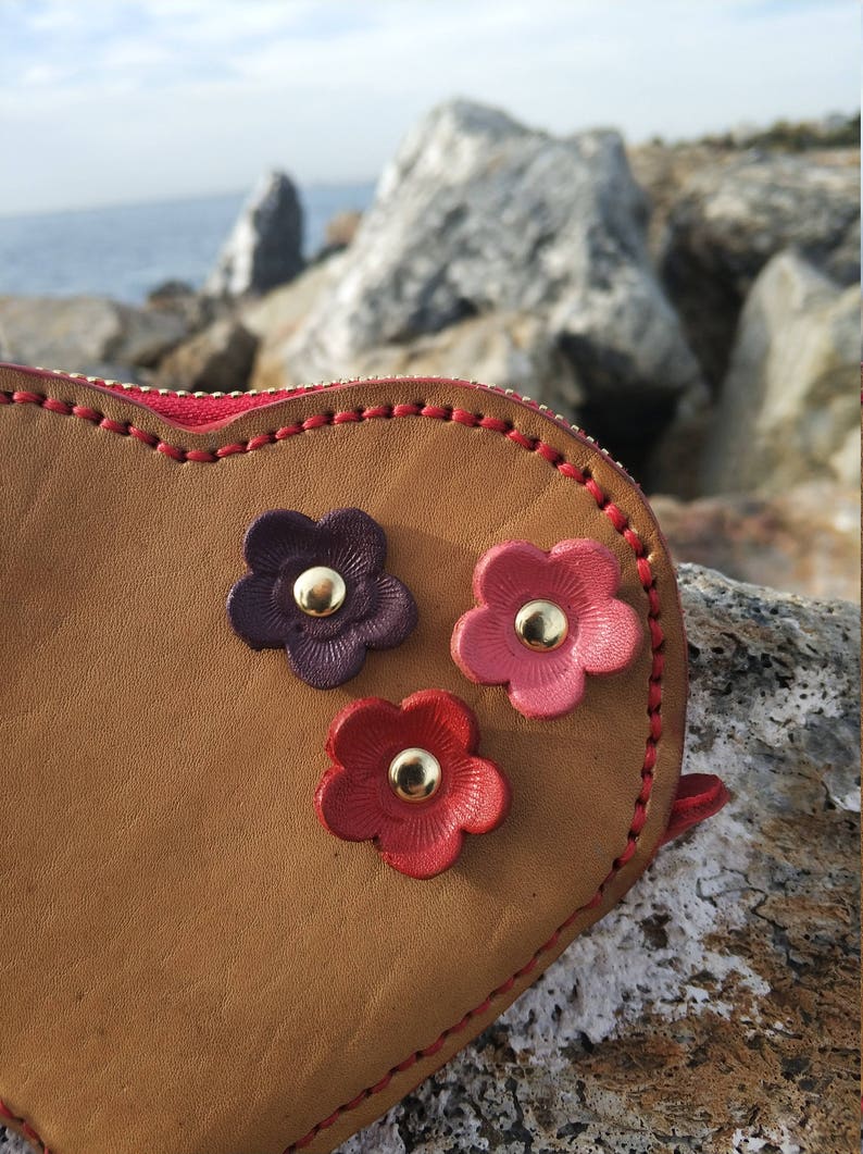 Leather Coin Purse with Flowers Women Leather Small Pouch With Flowers Veg Tanned Natural Leather Card Wallet Valentines Gift idea for Woman image 2