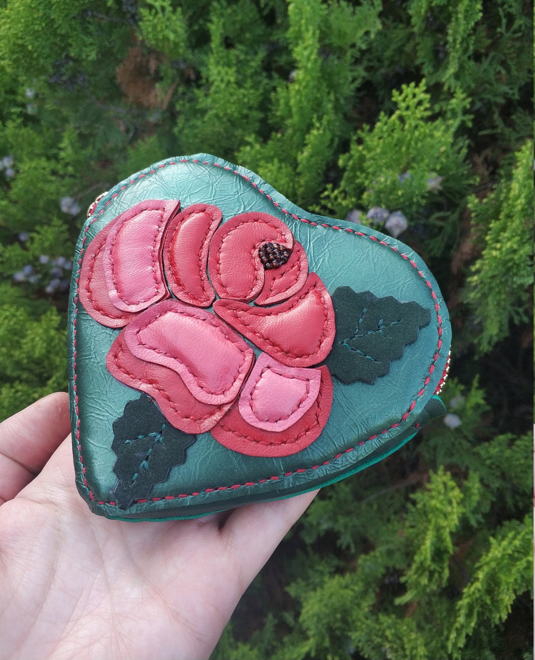 Buy Leather Heart Purse With Rose Applique Red Rose Bag Unique Online in  India - Etsy