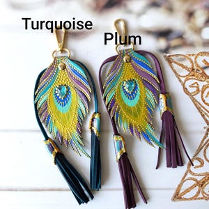 Hand Painted Leather Peacock Feather Charm: Turquoise Purse Keychain image 3