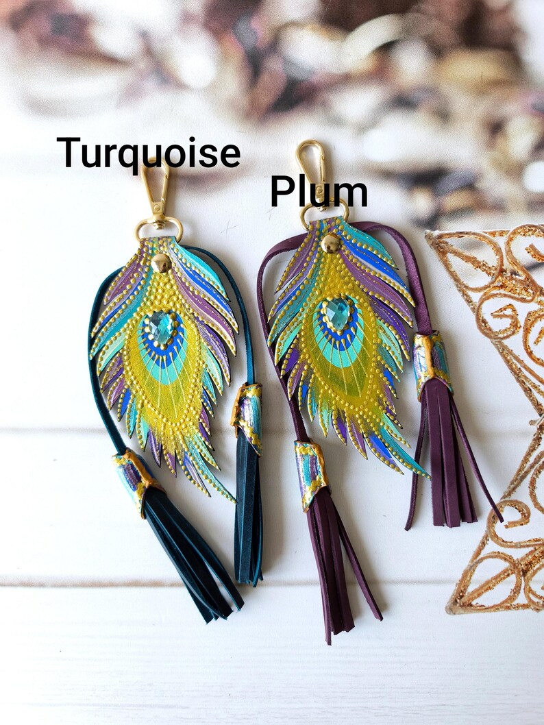 Hand Painted Leather Peacock Feather Charm: Turquoise Purse Keychain image 3