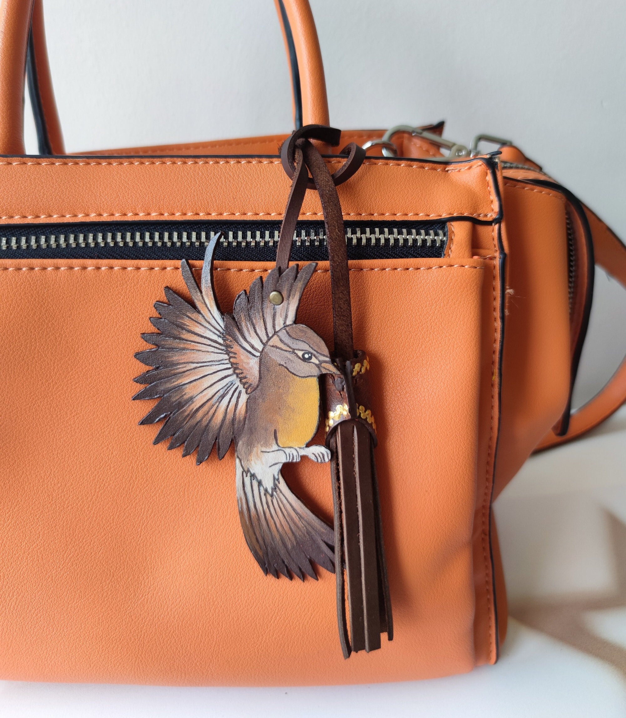 Handmade Leather Bird Bag Charm: Hand-Painted Purse Tassel