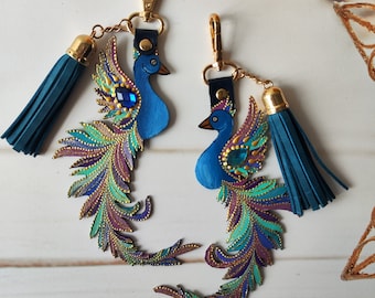 Handmade Leather Phoenix Bag Charm: Turquoise & Gold Bird Purse Charm