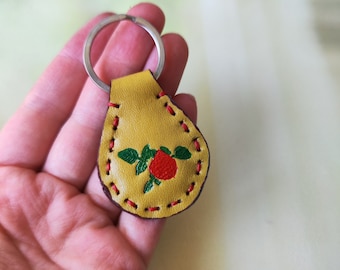 Handmade Leather Raspberry Keychain: Painted Fruit Keyring