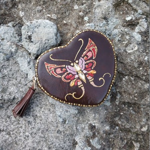 Mothers Day Gift For Her, Brown Leather Purse With Hand-Painted Red Butterfly, Coin Change Purse, Brown Leather Zip Purse With Butterflly image 7