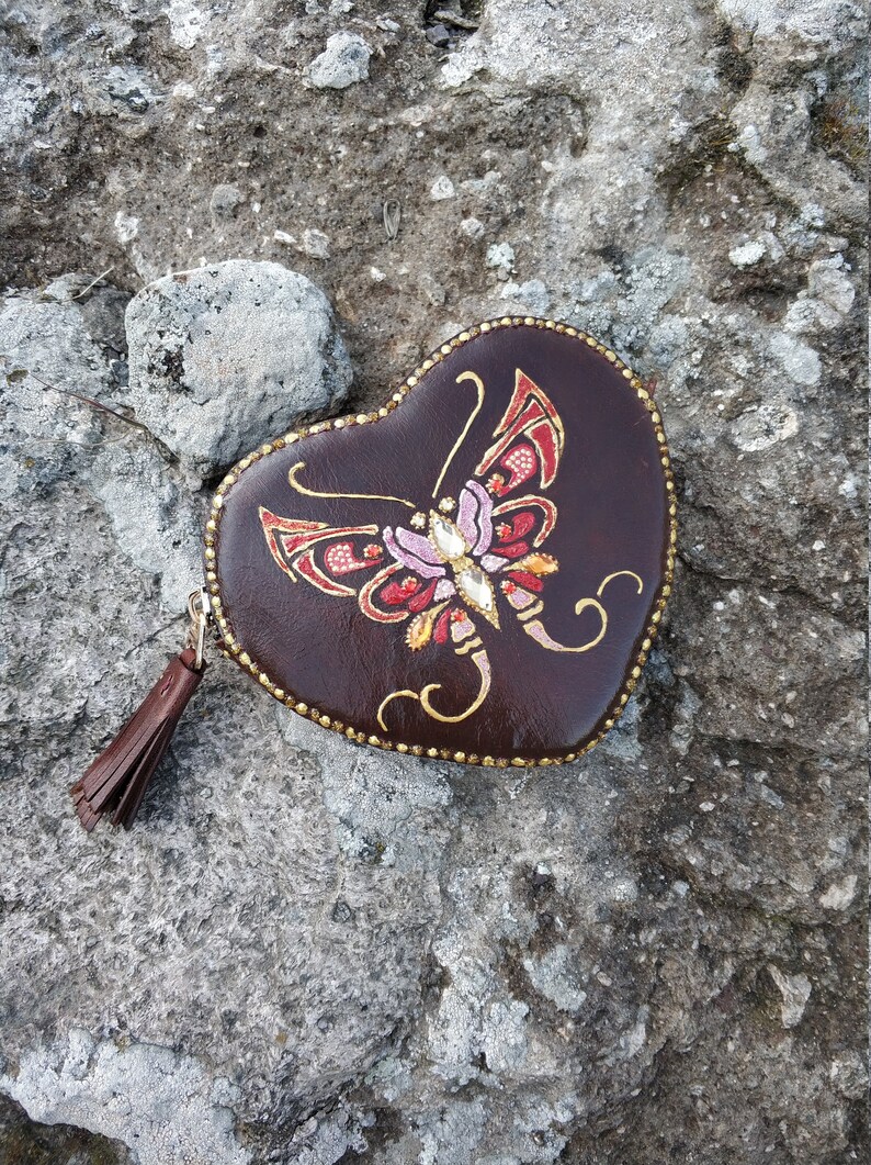 Mothers Day Gift For Her, Brown Leather Purse With Hand-Painted Red Butterfly, Coin Change Purse, Brown Leather Zip Purse With Butterflly image 7