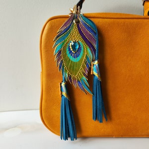 Hand Painted Turquoise Leather Peacock Feather Charm Leather Purse Charm Keychain Leather Phoenix Feather Unique Christmas Gift For Her