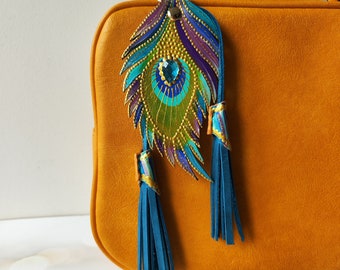 Hand Painted Leather Peacock Feather Charm: Turquoise Purse Keychain