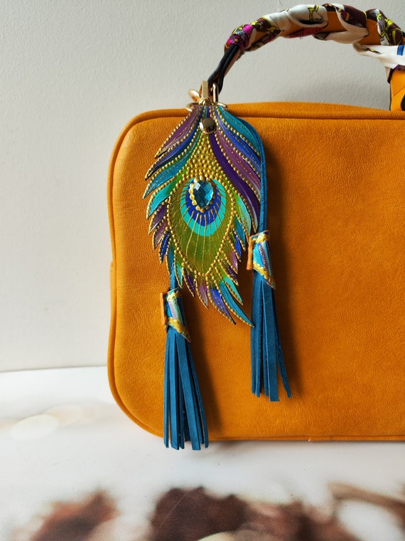 Hand Painted Leather Peacock Feather Charm: Turquoise Purse Keychain