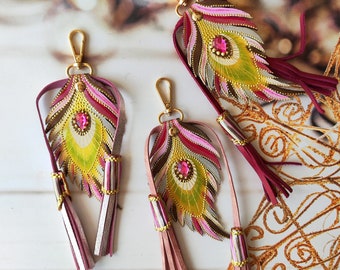 Handmade Leather Peacock Feather Charm: Pink Purse Charm with Crystal