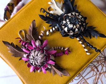 Leather Chrysanthemum Flower Bag Charm: Pink, Black Flower Purse Clip