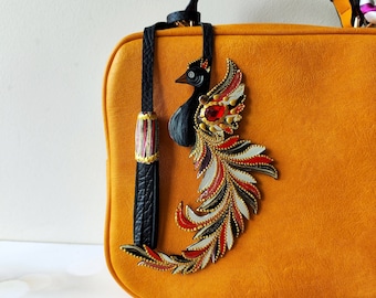 Handmade Leather Phoenix Bag Charm: Red, Black Bird Purse Accessory