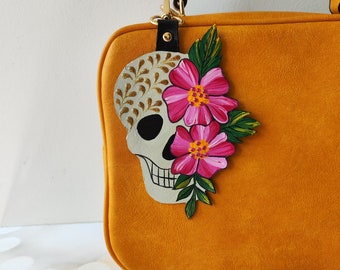 Handmade Leather Sugar Skull Purse Charm, Painted Flower Skull