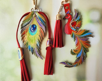 Rainbow Feather Leather Bag Charm, Peacock Feather Charm Leather Purse Charm Keychain Leather Phoenix Feather Unique Christmas Gift For Her