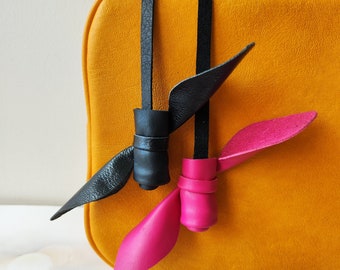 Handmade Leather Flower Roses Bag Charm: Black & Pink Purse Accessory