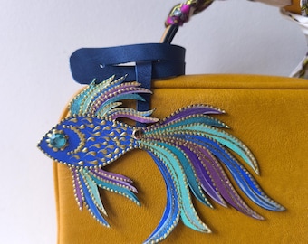 Leather Fish Bag Charm, Royal Blue Purse Decoration, Sea Creature Charm