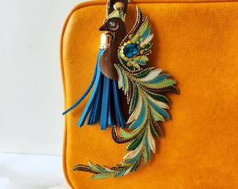 Bird Handbag Charm, Genuine Leather Fiery Bird, Boho Purse Fob, Hand Bag, Brown, Blue, Turquoise Purse Charm, Unique Feathers Charm