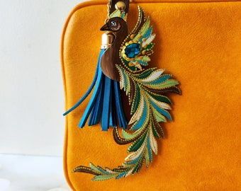 Handmade Leather Bird Handbag Charm: Boho Purse Fob