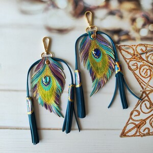 May include: Two peacock feather-shaped keychains with gold accents and blue tassels. The feathers are painted with green, yellow, purple, and blue colors and have a blue rhinestone in the center.