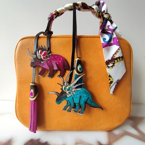 Handmade Leather Triceratops Bag Charm: Dinosaur Lover Gift