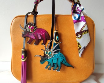 Handmade Leather Triceratops Bag Charm: Dinosaur Lover Gift